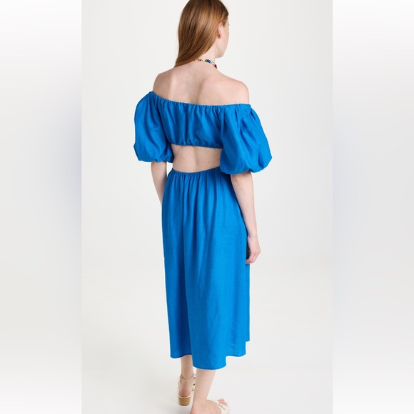 Farm Rio Linen Blend Midi Dress Blue Off-Shoulder Knot Cut-Out Women’s Small - Picture 3 of 16